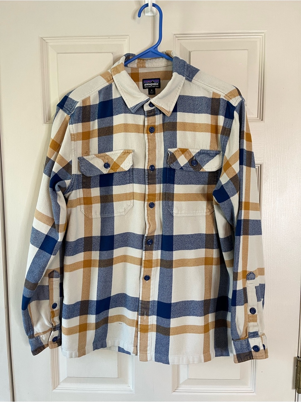 Patagonia Fjord Organic Cotton Flannel Shirt Cream Blue Plaid Long Sleeve Men M